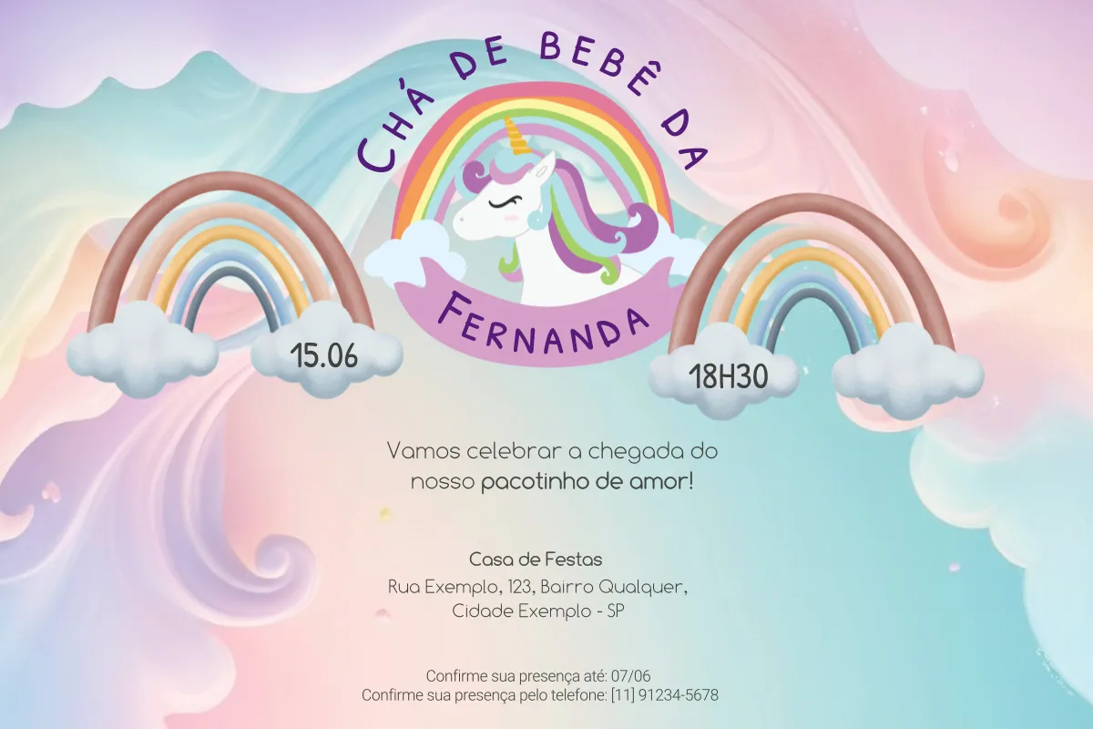 Convite colorido para chá de bebê com um unicórnio branco ao centro, arco-íris acima e nuvens, indicando data 15.06 e hora 18h30