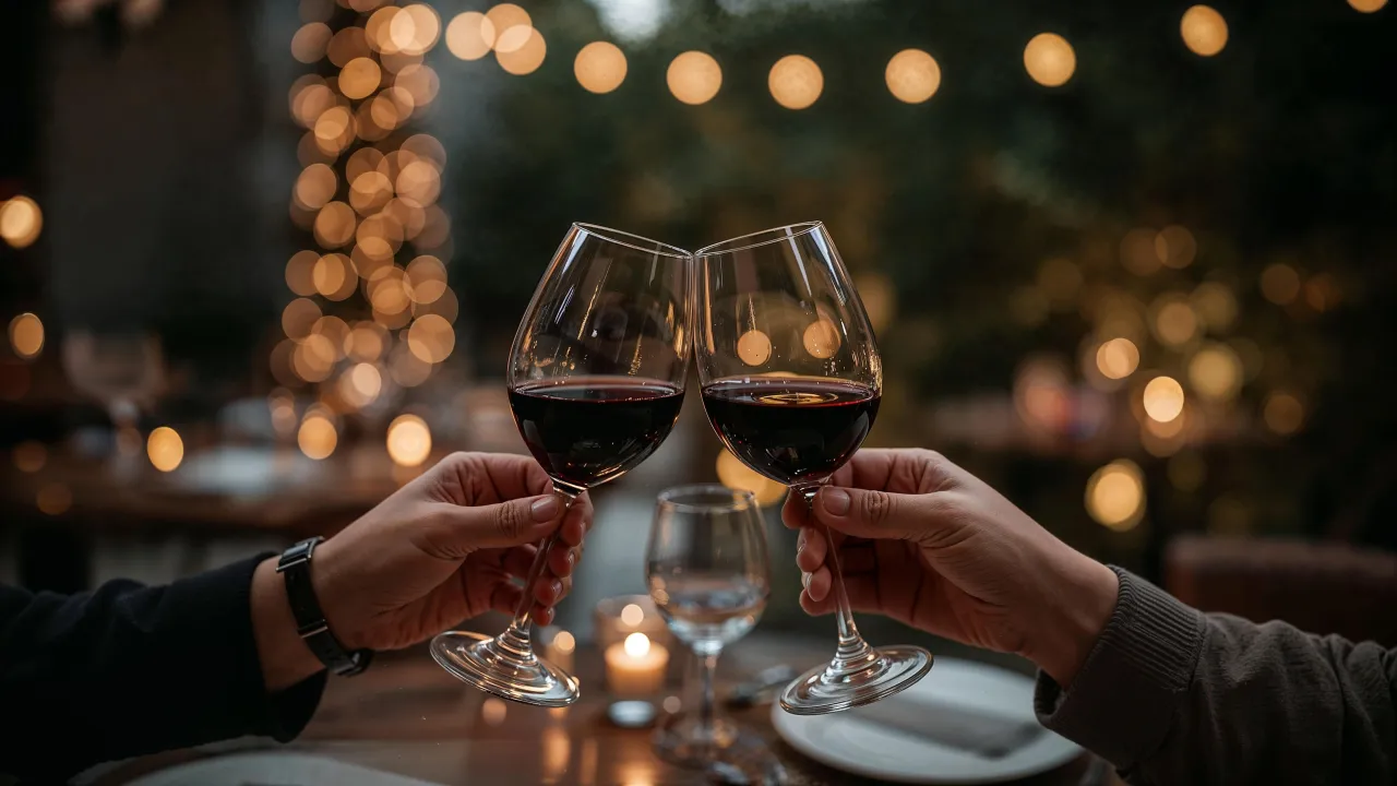 Duas pessoas brindando com taças de vinho tinto em um jantar ao ar livre decorado com luzes de fadas e velas