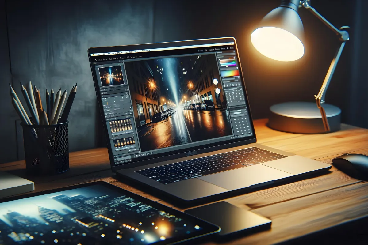 Mesa de trabalho com laptop exibindo software de edição de imagem, tablet com foto de cidade e luminária de mesa acesa