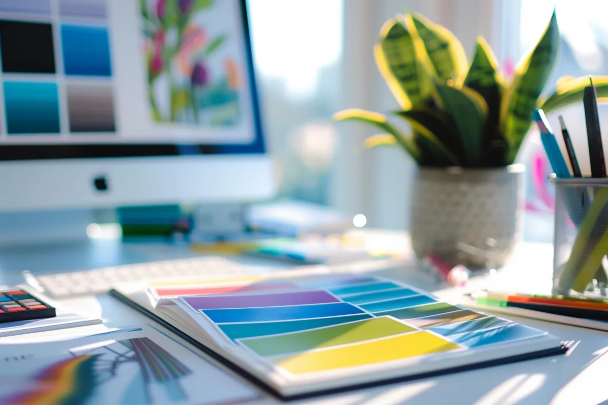 Mesa de trabalho com amostras de cores em um catálogo aberto, monitor de computador desfocado ao fundo, planta em vaso e canetas em suporte metálico
