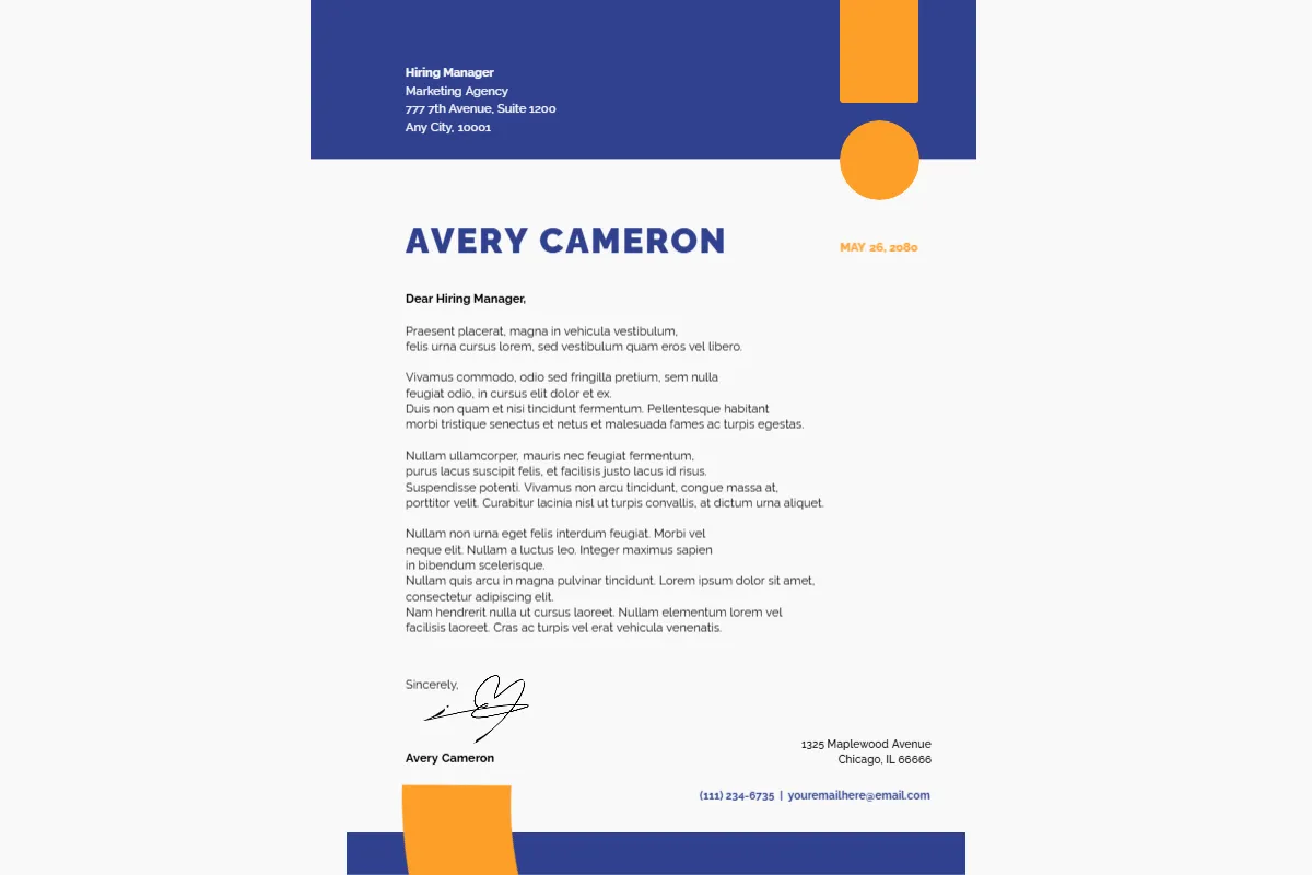 Carta de apresentação com cabeçalho azul e laranja, nome Avery Cameron em destaque, corpo de texto formal e assinatura no rodapé
