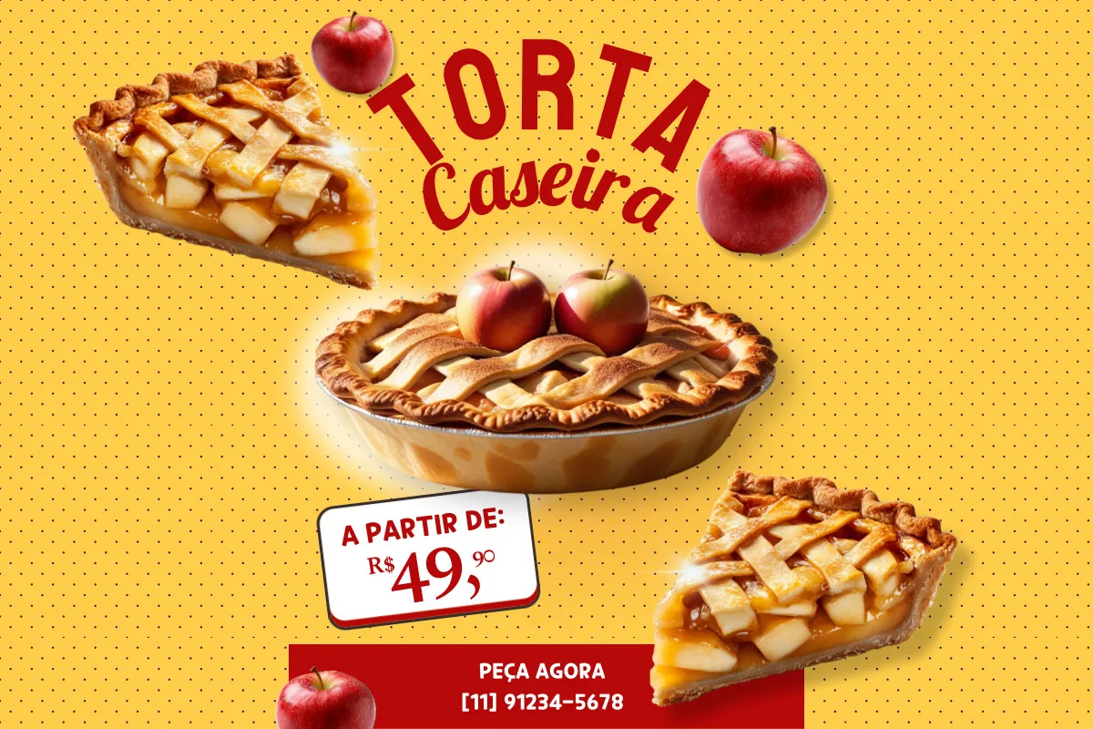 Imagem publicitária de torta caseira de maçã com fatias e maçãs inteiras sobre fundo amarelo com a oferta a partir de R$ 49,90 e telefone para pedido