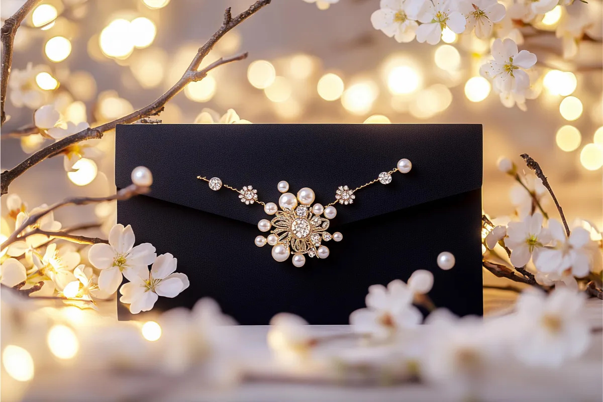 Envelope/clutch preto adornado por um broche floral dourado com pérolas e cristais, rodeado por galhos de flores brancas e luzes em bokeh ao fundo.
