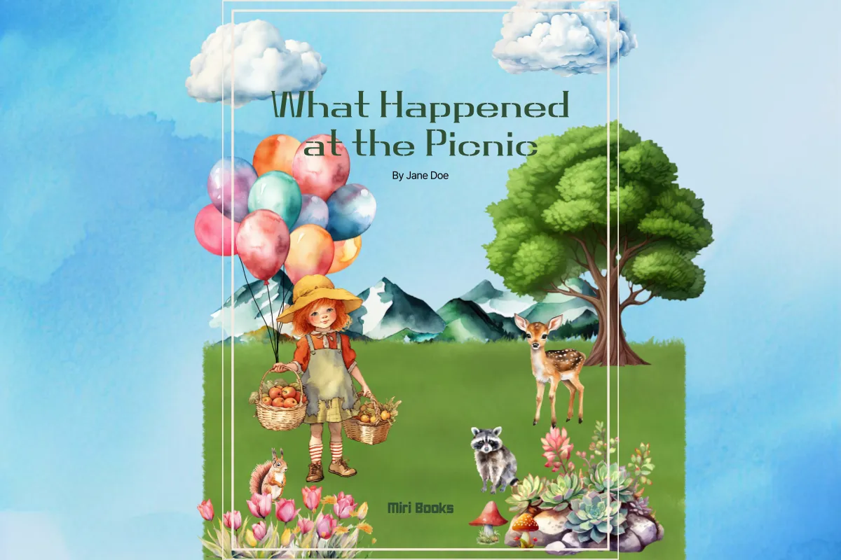 Capa de livro infantil ‘What Happened at the Picnic’ com menina de chapéu segurando balões coloridos e duas cestas de frutas, cercada por árvore, nuvens, montanhas, veado, guaxinim, esquilo, cogumelos e flores