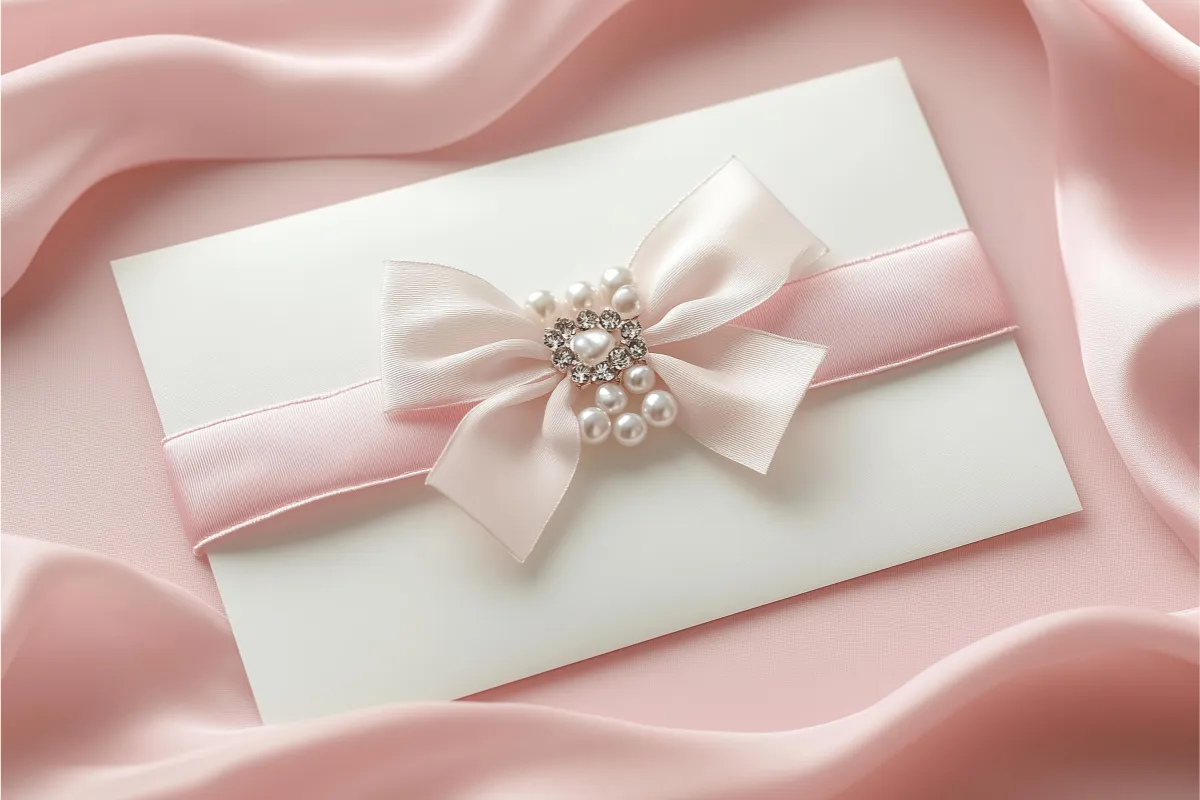 Envelope off-white adornado com fita rosa clara e laço central decorado por pérolas e cristais, sobre tecido rosa suave.