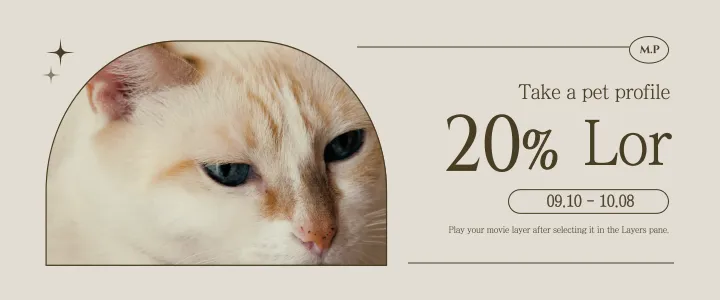 Close-up de rosto de gato em semicírculo à esquerda e informação de promoção “20%” ao lado, em banner elegante para perfil de pet.