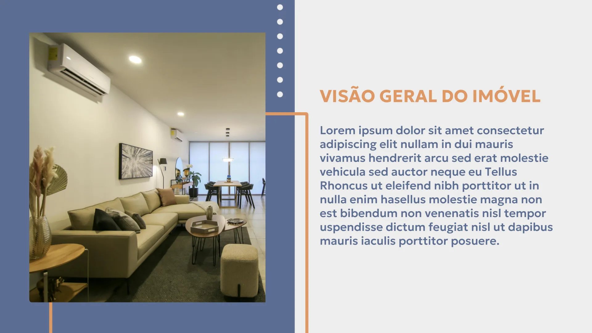 Slide dividido mostra à esquerda uma sala de estar moderna com sofá em L bege, mesa de centro e ar‑condicionado; à direita, título “Visão Geral do Imóvel” e texto descritivo