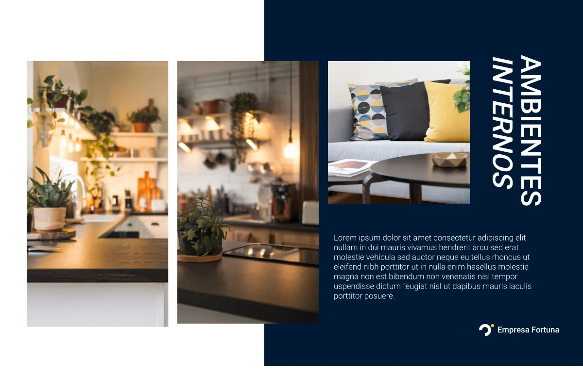 Colagem de três imagens mostrando bancada de cozinha com plantas, cooktop com pendentes e sala de estar com sofá e mesa de centro, ao lado do título vertical “Ambientes Internos” sobre fundo azul escuro