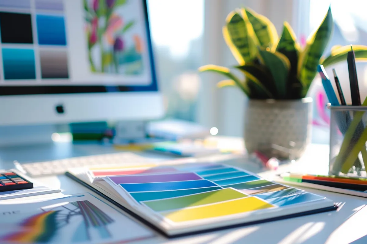 Mesa de trabalho criativa com paleta de cores aberta, computador ligado, materiais de design e planta decorativa ao fundo