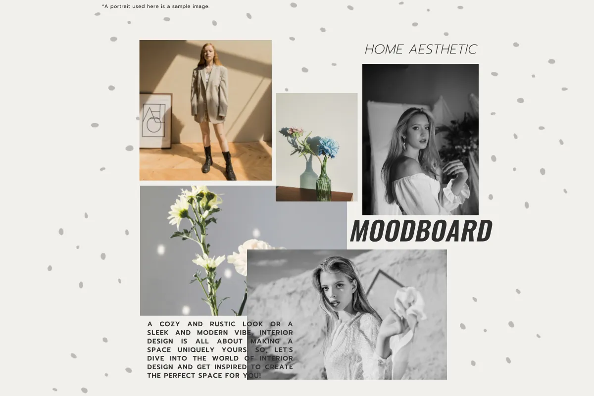 Moodboard com fotos de moda, flores e decoração, combinando estética rústica e moderna