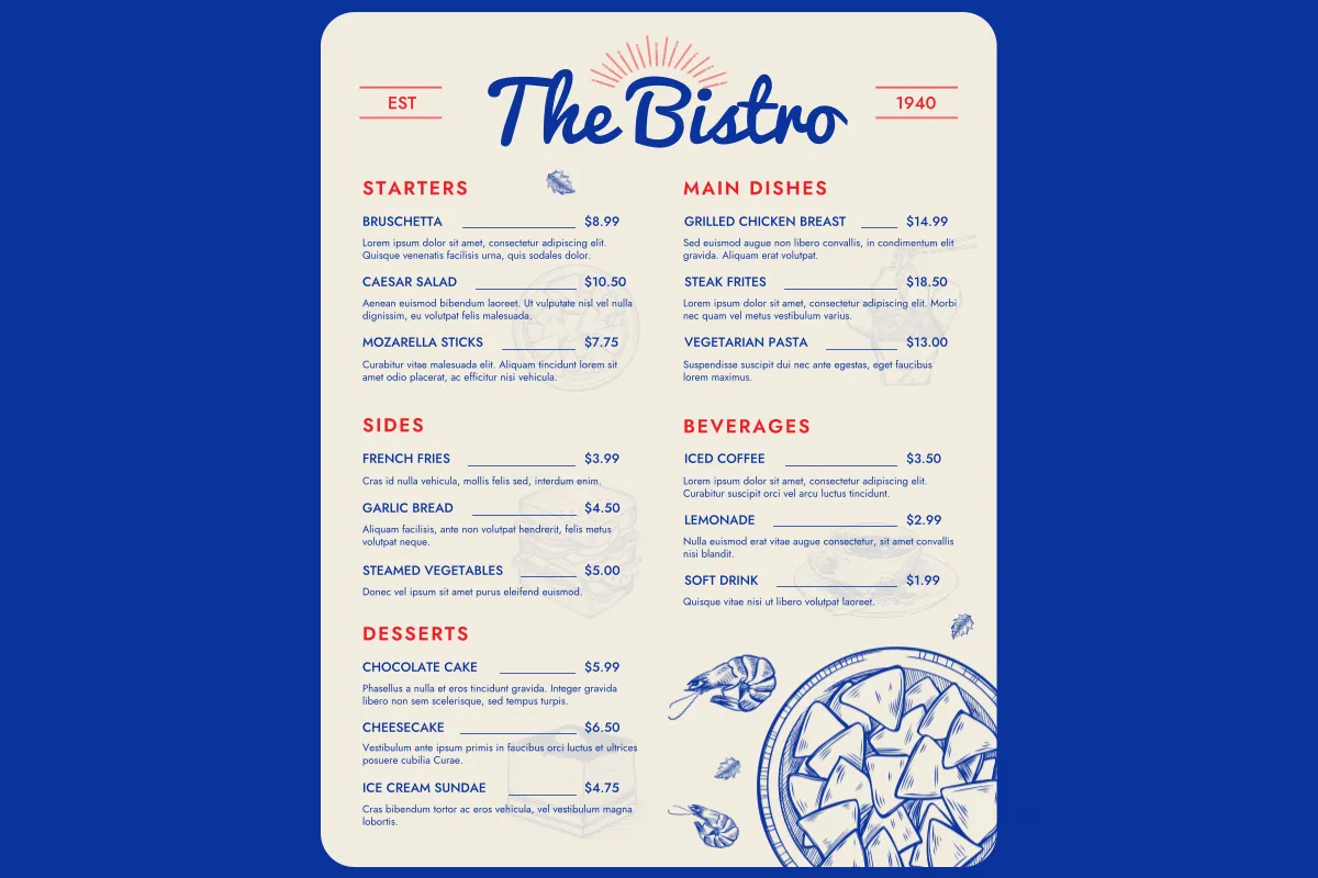 Cardápio ilustrado do restaurante The Bistro com opções de entradas, pratos principais, acompanhamentos, sobremesas e bebidas.