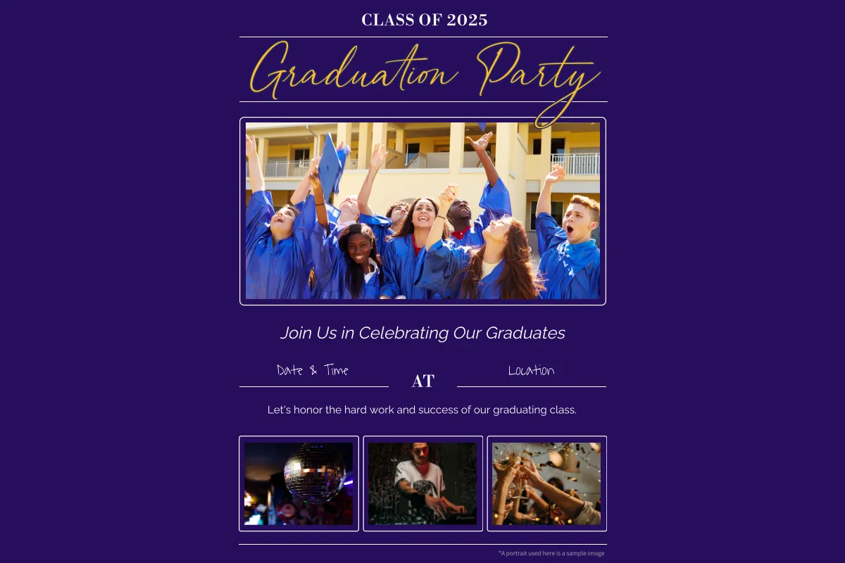 Convite de formatura da turma de 2025 com estudantes em beca azul jogando capelos para o alto e imagens de festa
