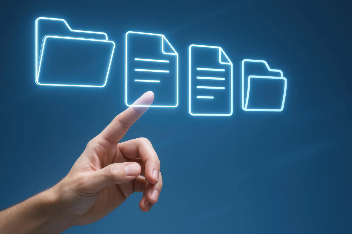 Mão tocando ícones digitais de pastas e documentos em tela azul, representando organização de arquivos virtuais