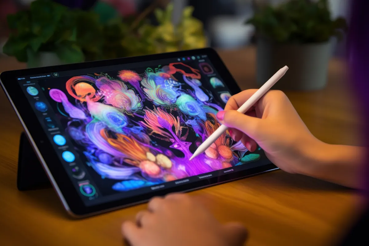 Mão segurando caneta stylus enquanto desenha ilustração digital vibrante em tablet, com cores intensas e traços artísticos