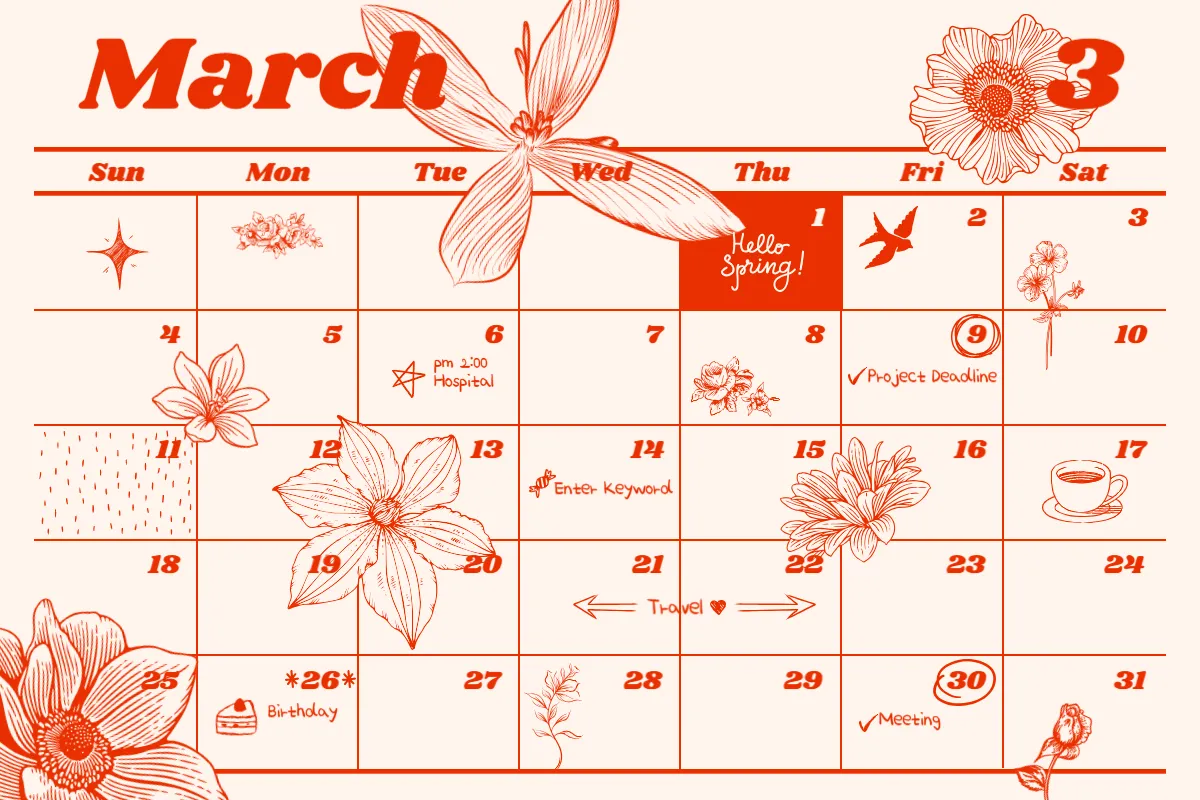 Calendário de março decorado com ilustrações florais e marcações de eventos e compromissos importantes