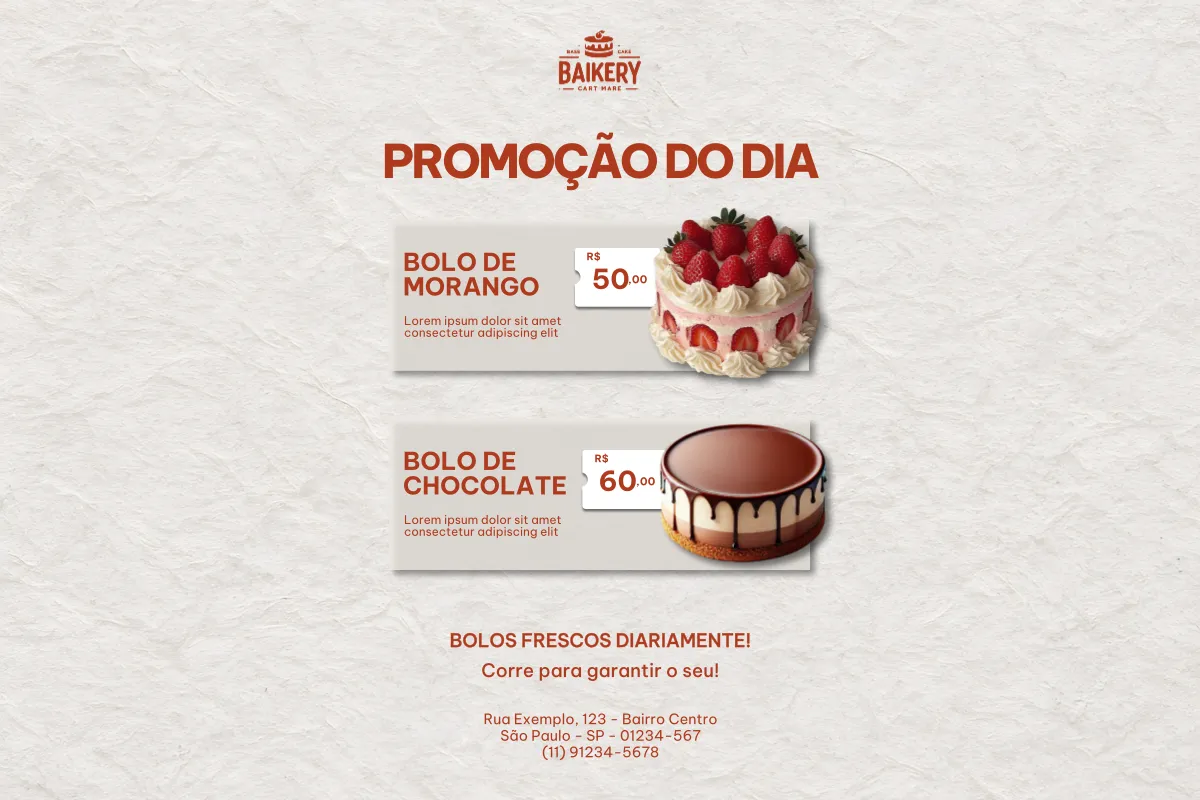 Anúncio de promoção com bolo de morango decorado e bolo de chocolate cremoso, com preços de R$ 50 e R$ 60.