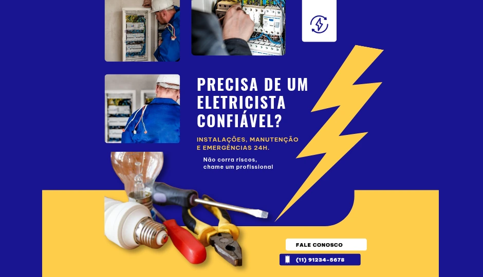 Banner de eletricista confiável em São Paulo, mostrando ferramentas elétricas, profissionais uniformizados trabalhando em painéis de energia e destaque para serviços de instalações, manutenção e emergências 24h com telefone para contato.