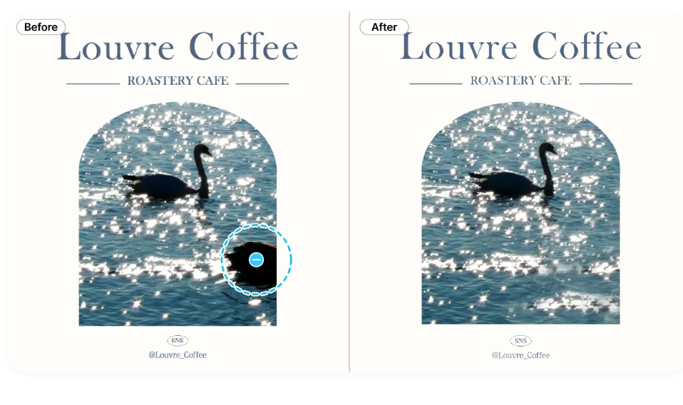 Comparação de imagem antes e depois mostrando cisne em lago com reflexos de luz, usada em anúncio do Louvre Coffee Roastery Café