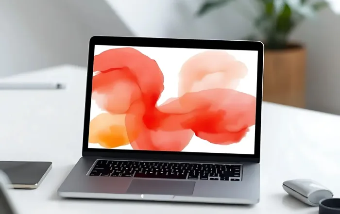 Notebook moderno em uma mesa branca, mostrando na tela um fundo abstrato em aquarela nas cores vermelho e laranja, com objetos de escritório ao redor.