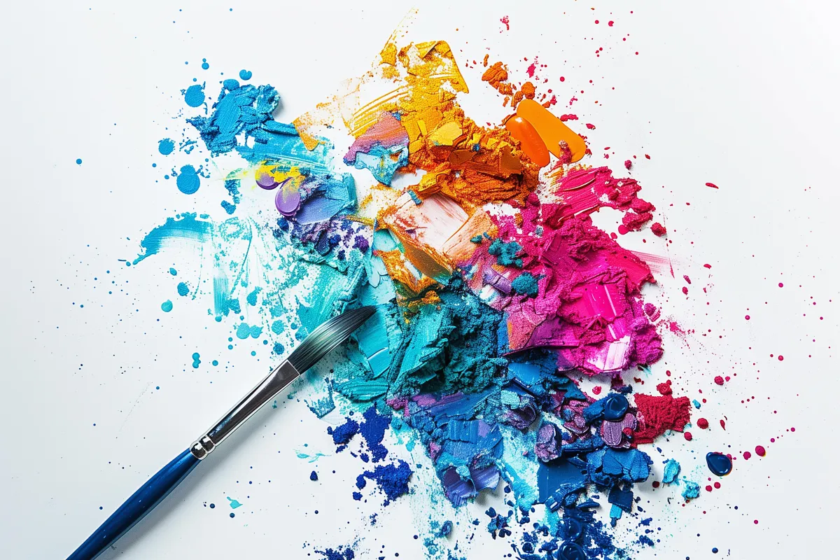Pincel sobre mesa branca com tintas espalhadas em cores vibrantes como azul, rosa, laranja e roxo