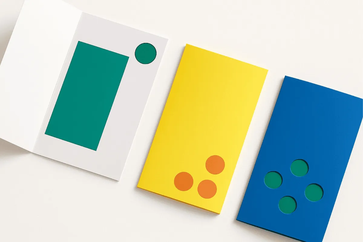 Três cartões minimalistas dispostos lado a lado, em cores branca, amarela e azul, com formas geométricas em verde e laranja em estilo moderno e abstrato.