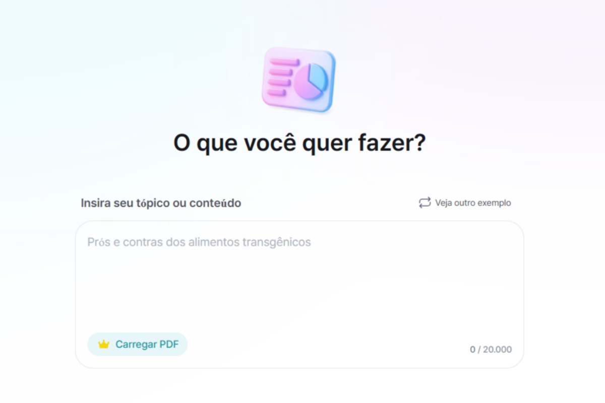 Tela de ferramenta interativa com a pergunta ‘O que você quer fazer?’, campo para inserir tópico e exemplo de conteúdo sobre alimentos transgênicos