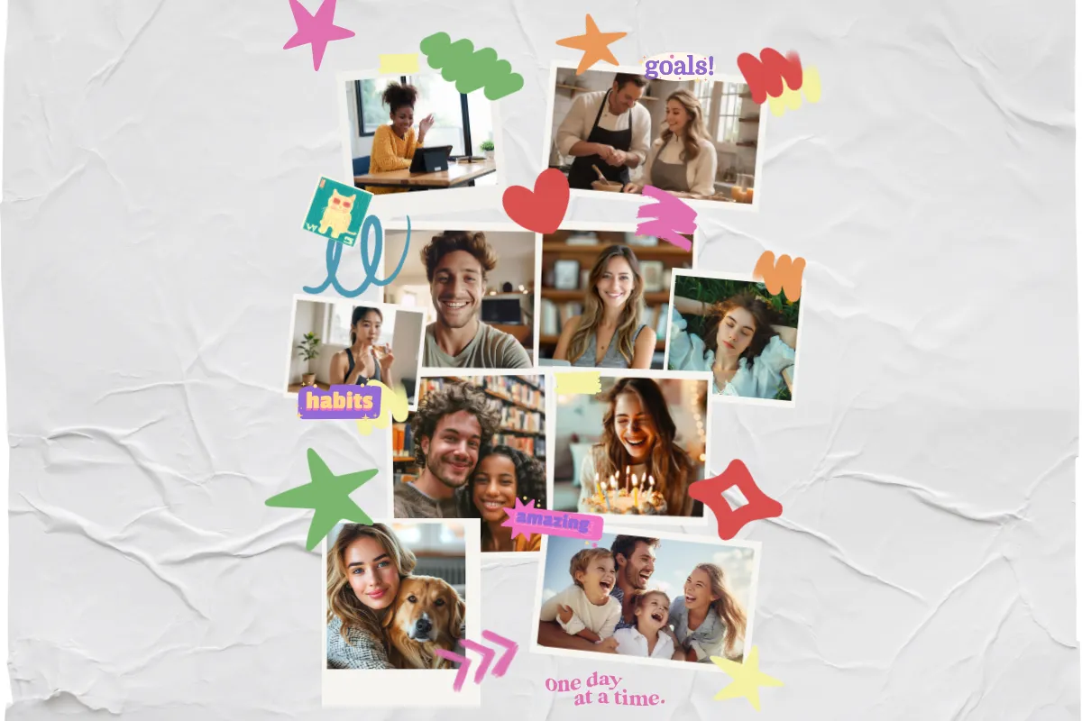 Colagem de fotos coloridas mostrando pessoas sorrindo, em família, com amigos, pets e momentos de autocuidado, simbolizando hábitos e metas de vida saudável
