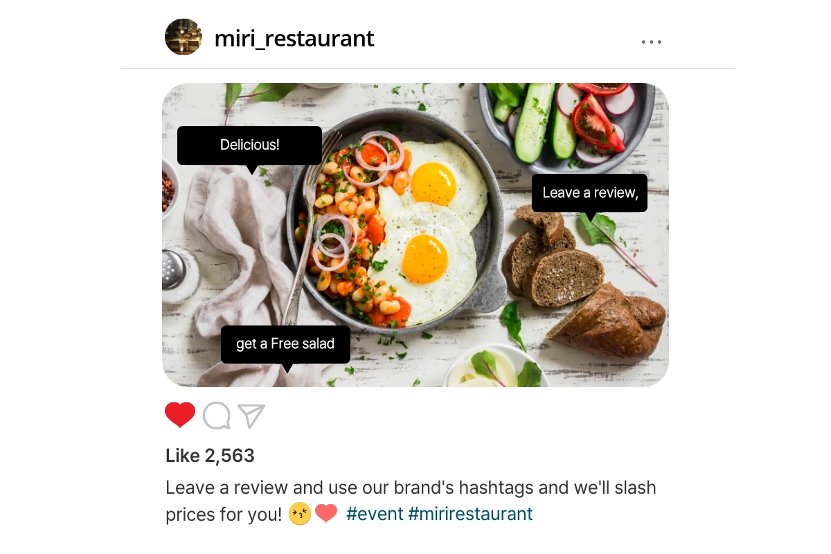 Post de restaurante no Instagram mostrando prato com ovos fritos, salada colorida de grãos e vegetais, acompanhado de pães artesanais e legumes frescos.