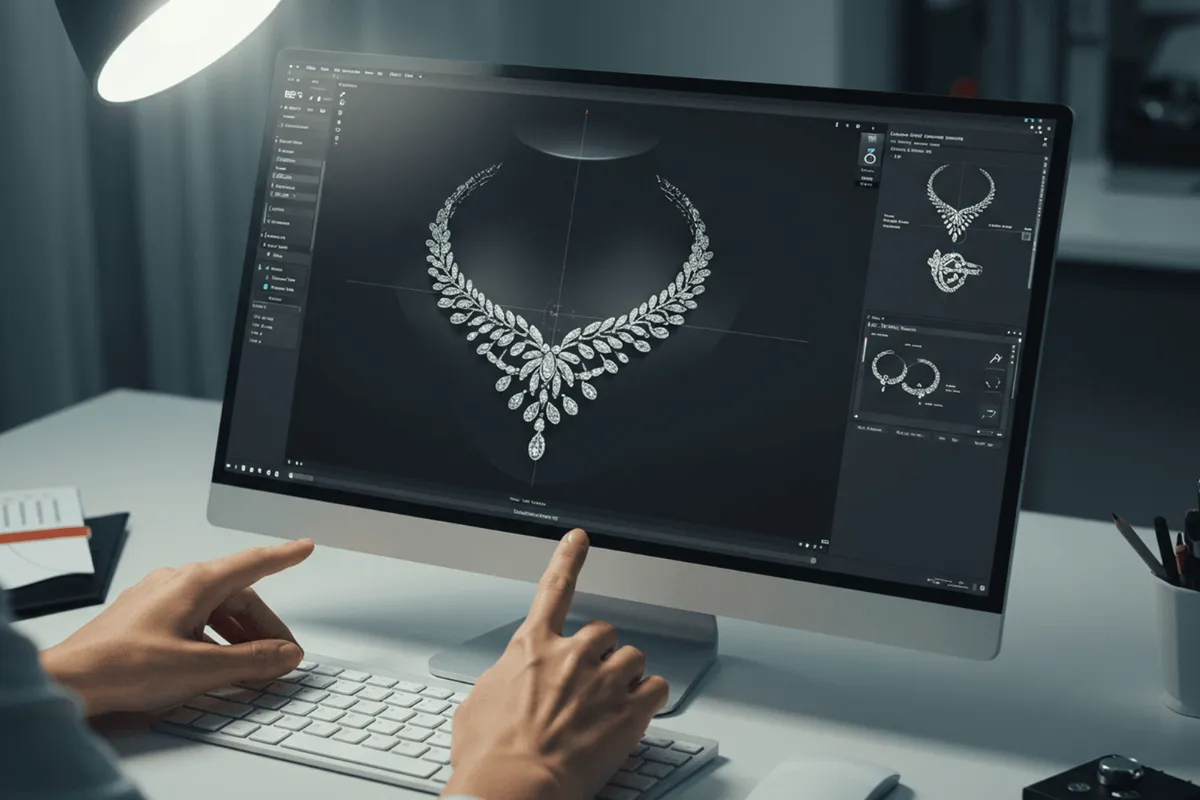 Pessoa projetando colar de diamantes em software 3D em um computador de mesa