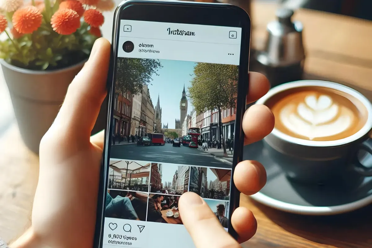 Mão segurando celular com feed do Instagram aberto, exibindo fotos de viagem com o Big Ben em Londres, ao lado de uma xícara de café com latte art em mesa de cafeteria.