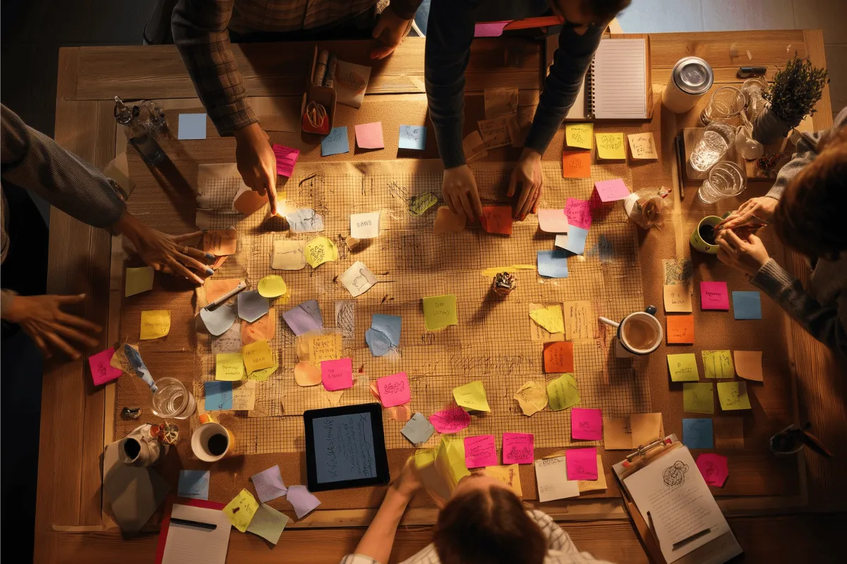 Grupo de pessoas em mesa de madeira durante sessão de brainstorming, usando post-its coloridos para organizar ideias e estratégias