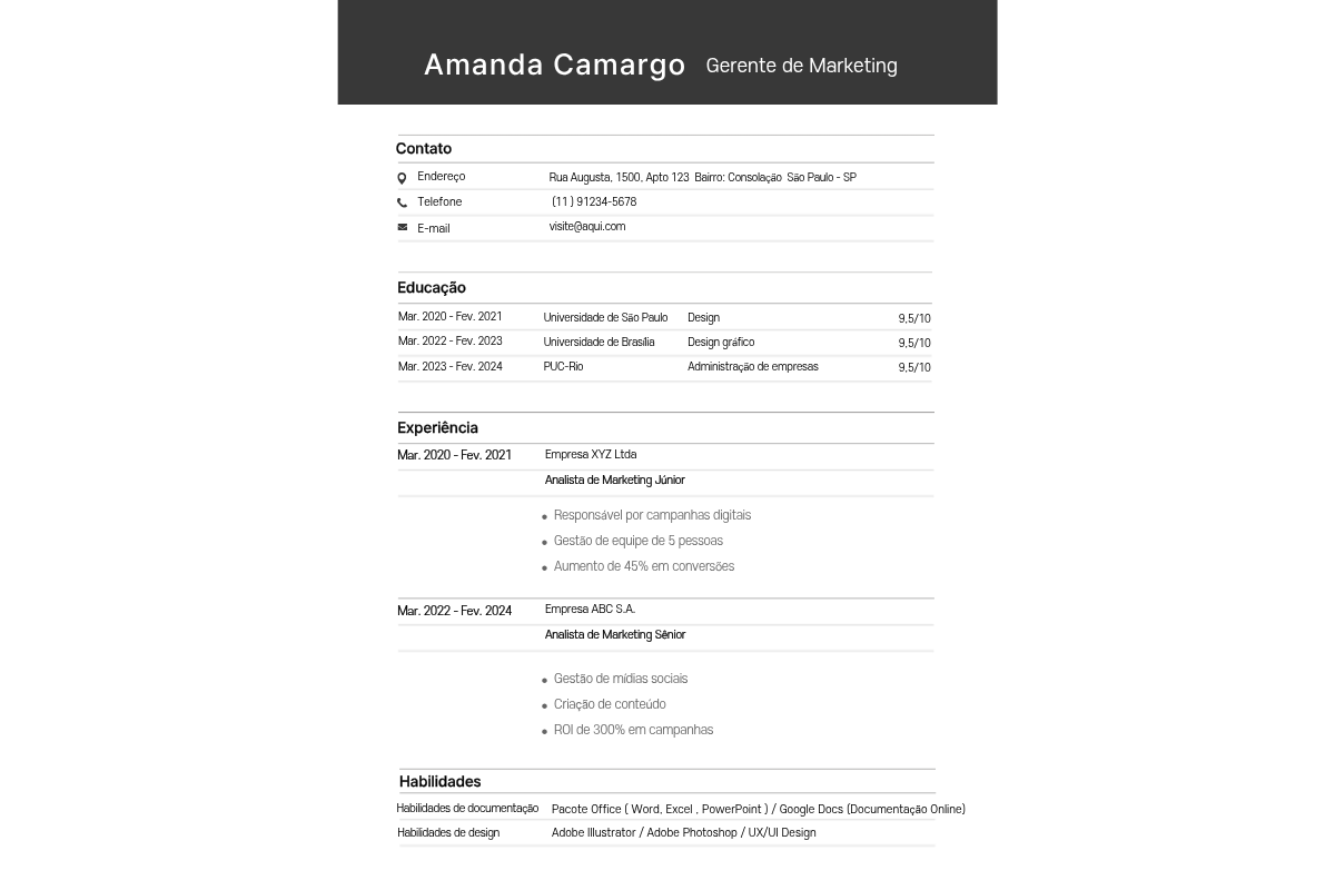 Currículo moderno de Amanda Camargo, gerente de marketing, com informações de contato, formação acadêmica, experiência profissional e habilidades.