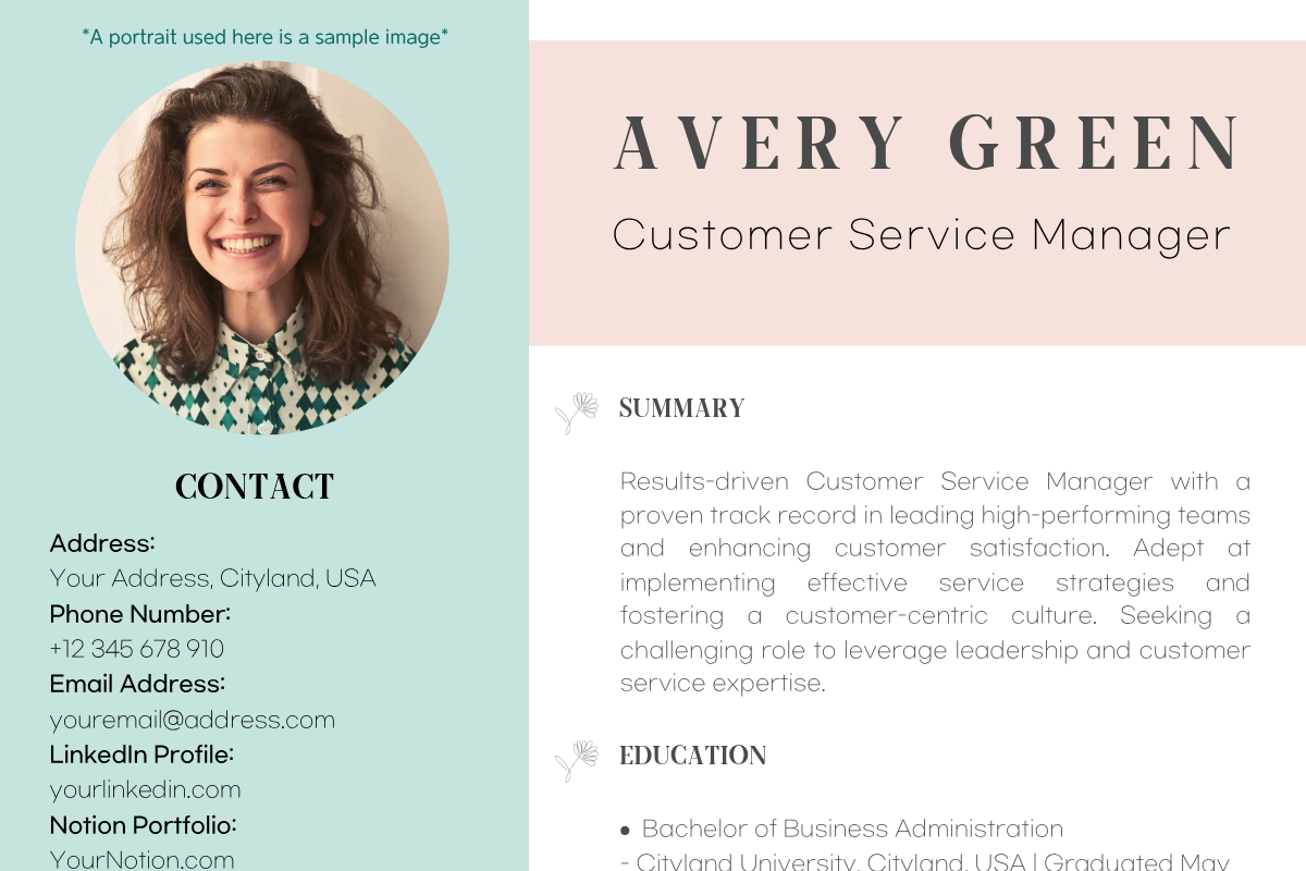 Currículo moderno de Avery Green, Customer Service Manager, com foto profissional sorridente, resumo de qualificações, informações de contato, formação acadêmica e portfólio online.