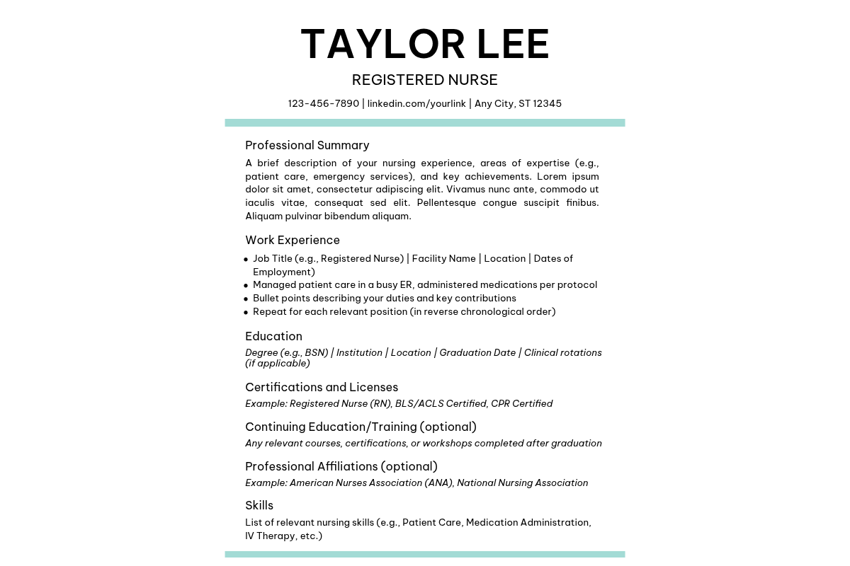 Currículo profissional de Taylor Lee, enfermeiro registrado (Registered Nurse), com resumo, experiência de trabalho, formação, certificações e habilidades.